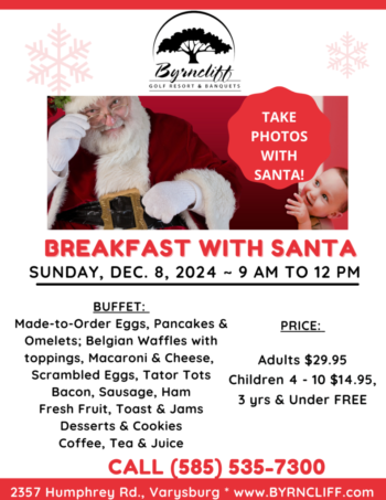 breakfast with santa at byrncliff resort- december 8, 2024- varysburg, ny- Get Photos With Santa!!