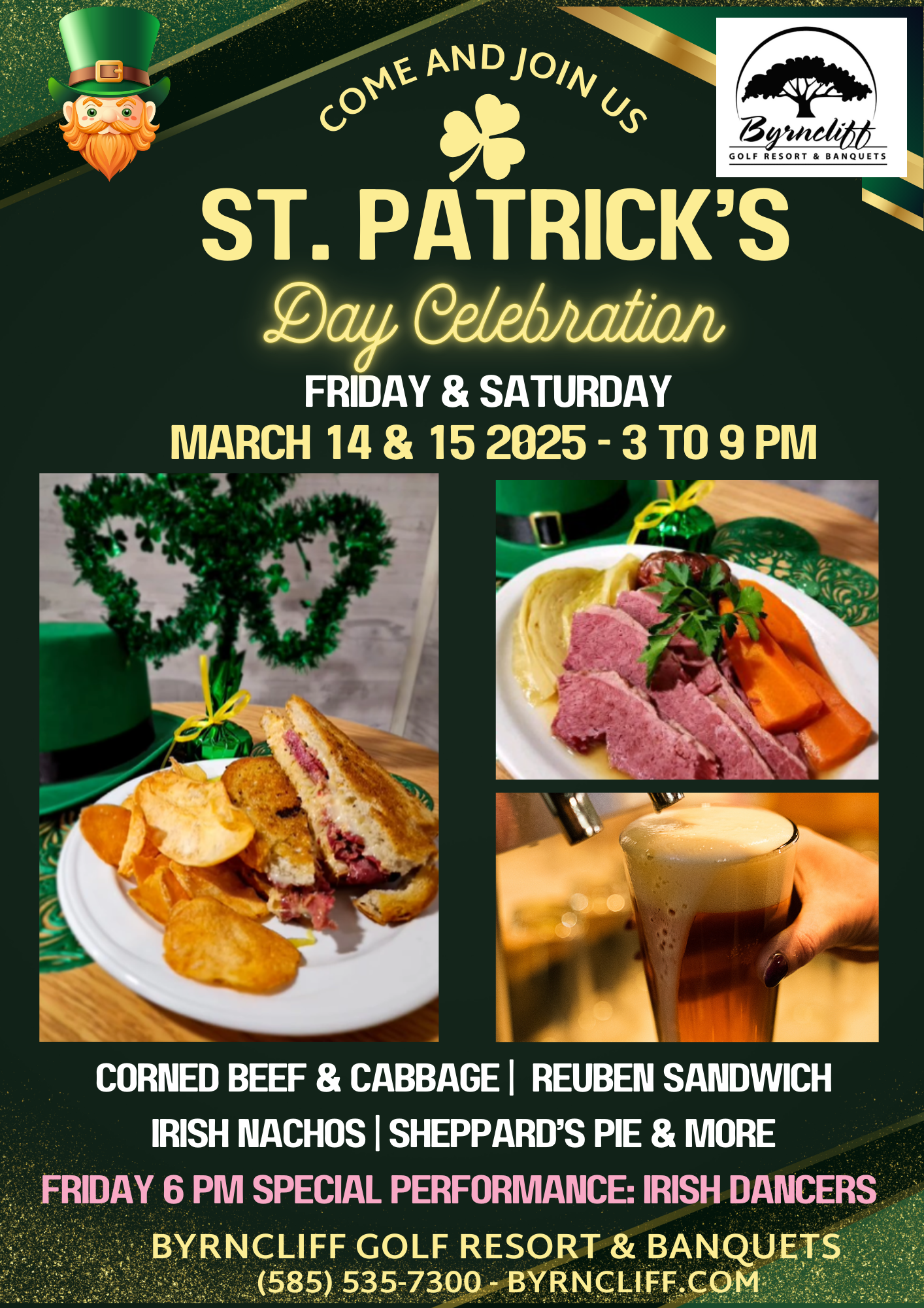 Byrncliff Resort St Patrick’s Specials on March 14 and 15, 2025 with Irish Dancers on March 14- Varysburg, NY-