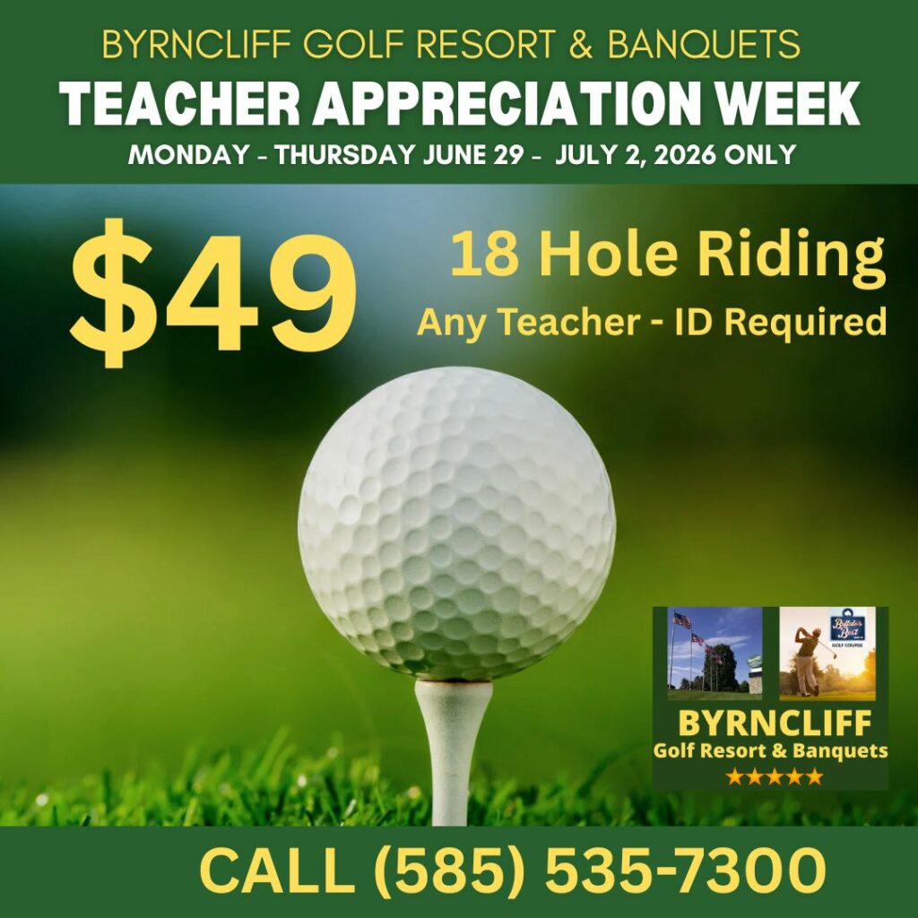 Teacher Week at Byrncliff Resort- June 29 to July 2, 2026- $49 for 18 holes Riding-Varysburg, NY